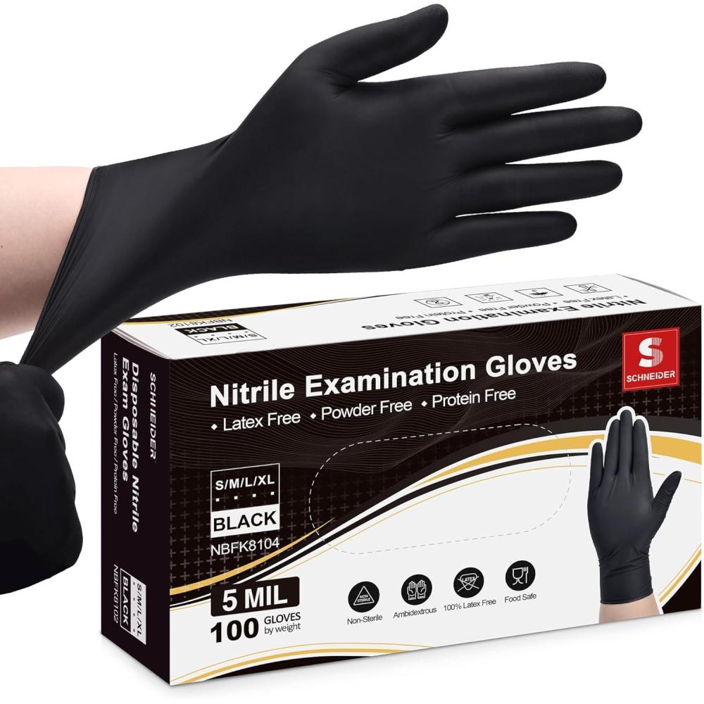 image:imageSchneider Black Nitrile Exam Gloves 5 Mil Disposable Gloves Latex Free amp Powder Free for Medical Cleaning Food Prep100