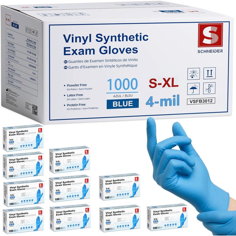 image:imageSchneider Blue Vinyl Synthetic Exam Gloves Case of 1000 4mil PowderFree LatexFree NonSterile Disposable Gloves03 Bluelarge 1000