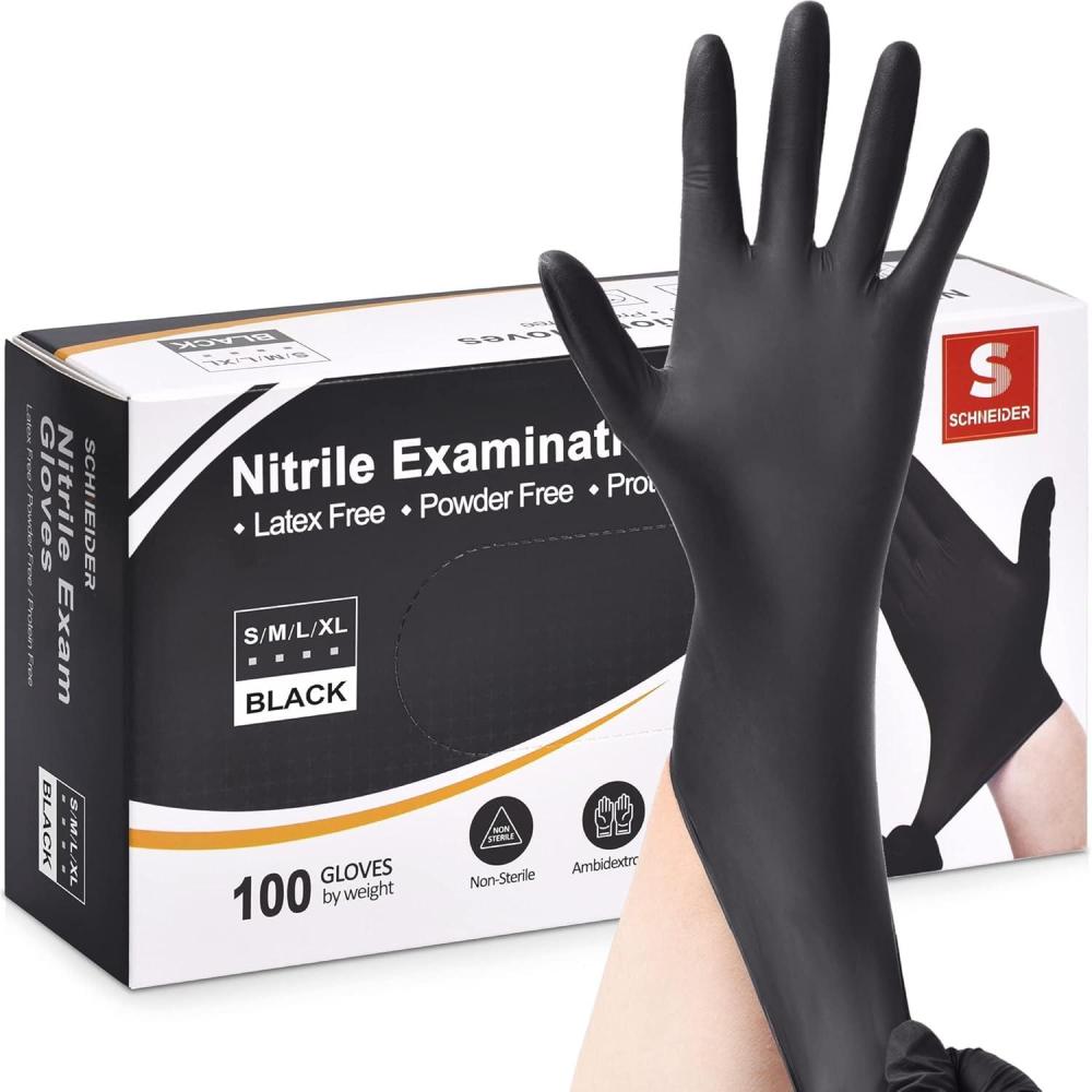 image:imageSchneider Nitrile Exam Gloves 4 Mil Black Gloves Disposable Latex Free Powder Free Food Safe for Cooking Food Prep Clean100 Countbox of 100