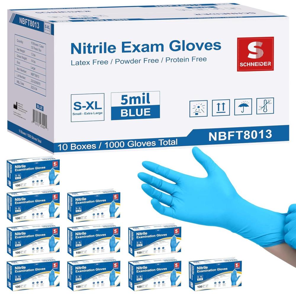 image:imageSchneider Nitrile Exam Gloves 5 Mil Blue LatexFree amp PowderFree Disposable Gloves Textured Grip for Medical Exam Food Handling Cleaning amp Industrial UseBlue 1000