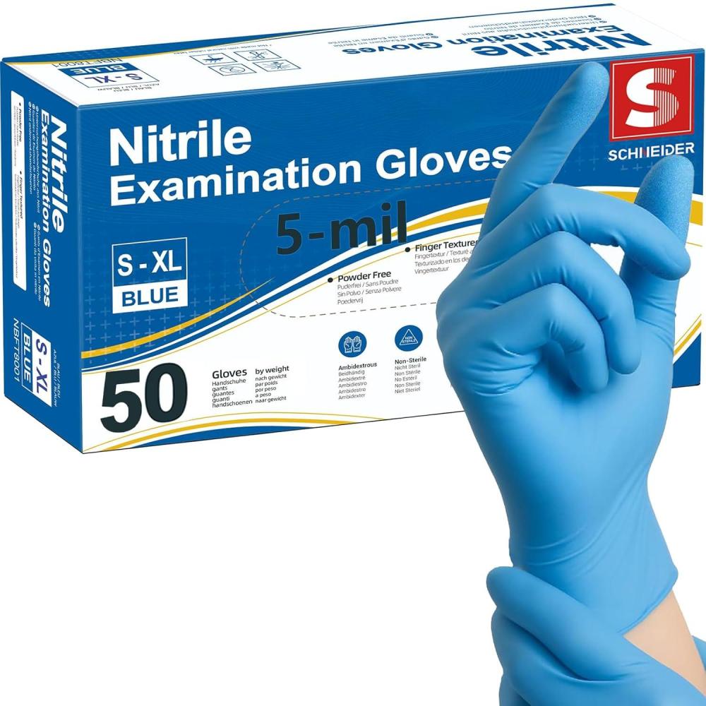 image:imageSchneider Nitrile Exam Gloves 5 Mil Blue LatexFree amp PowderFree Disposable Gloves Textured Grip for Medical Exam Food Handling Cleaning amp Industrial UseBlue 50