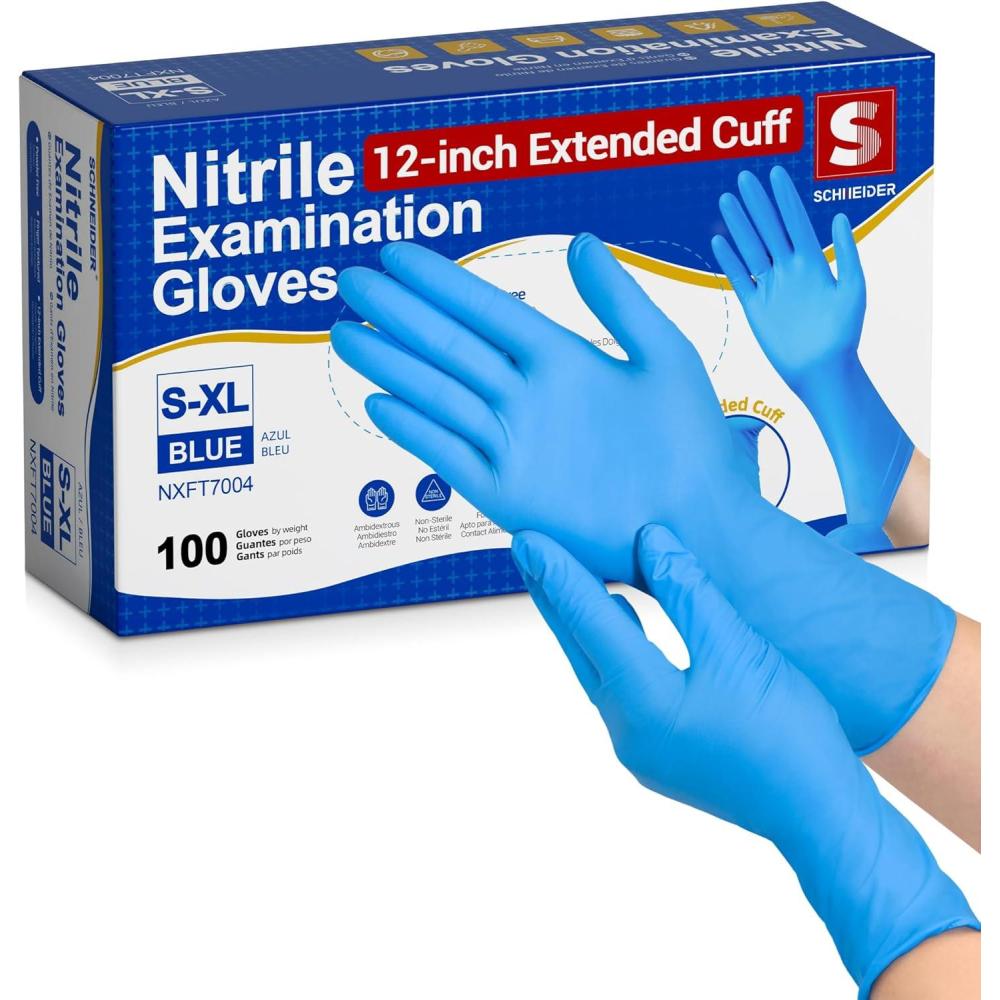 image:imageSchneider Nitrile Exam Gloves Extended 12 Inches Cuff Medium 4 mil 100ct Box Gloves Disposable Latex Free Powder Free for Medical Food Prep Cleaning Cooking Blue100