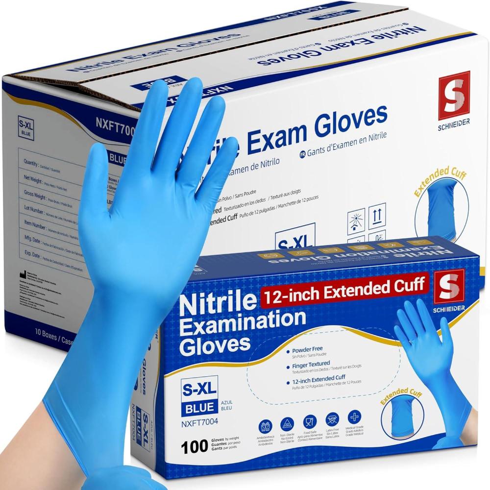 image:imageSchneider Nitrile Exam Gloves Extended 12 Inches Cuff Medium 4 mil 100ct Box Gloves Disposable Latex Free Powder Free for Medical Food Prep Cleaning Cooking Blue1000