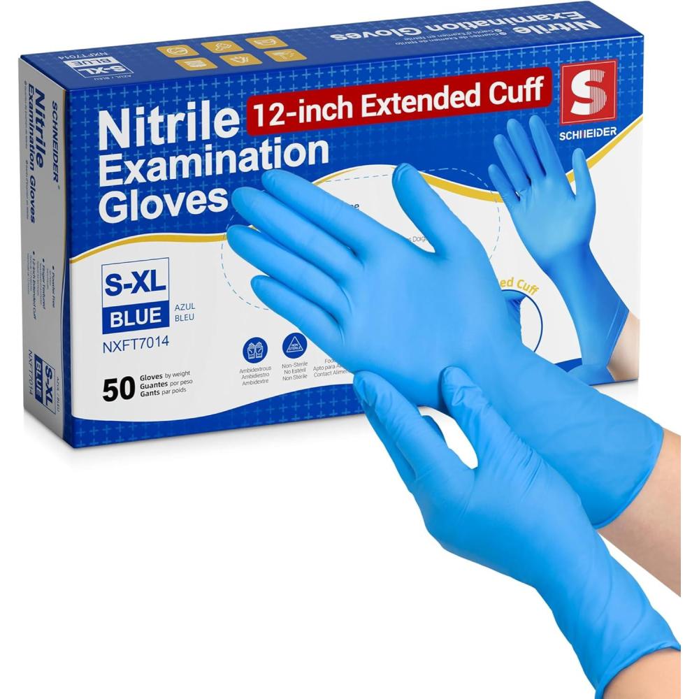 image:imageSchneider Nitrile Exam Gloves Extended 12 Inches Cuff Medium 4 mil 100ct Box Gloves Disposable Latex Free Powder Free for Medical Food Prep Cleaning Cooking Blue50