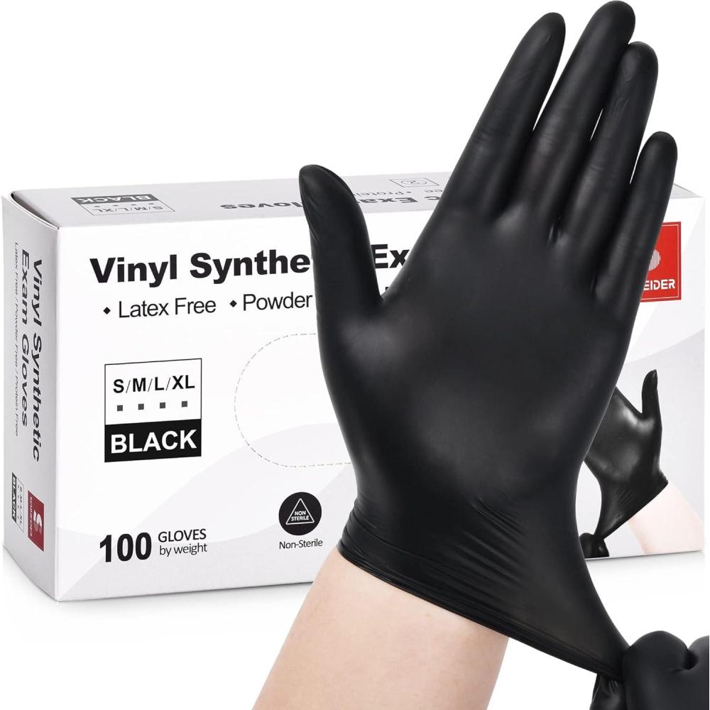 image:imageSchneider Vinyl Synthetic Exam Gloves 4 Mil Latex Free Disposable Gloves for Medical Cooking Cleaning and Food Prep02 Blackmedium 100
