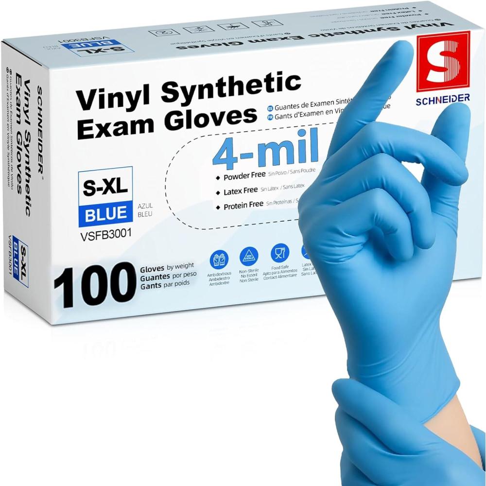 image:imageSchneider Vinyl Synthetic Exam Gloves 4 Mil Latex Free Disposable Gloves for Medical Cooking Cleaning and Food Prep03 Bluelarge 100