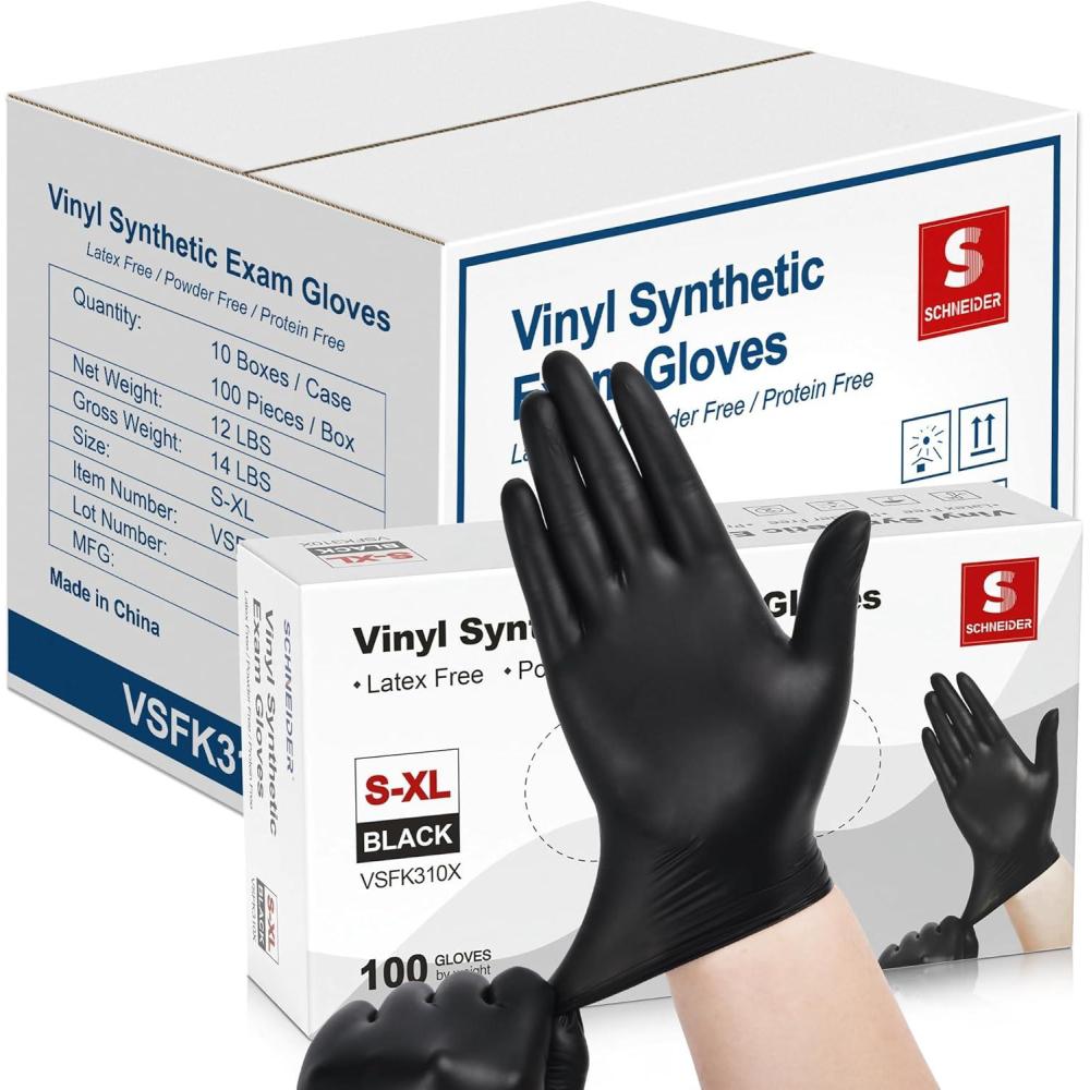 image:imageSchneider Vinyl Synthetic Exam Gloves 4 Mil Latex Free Disposable Gloves for Medical Cooking Cleaning and Food Prep06 Blackmedium 1000