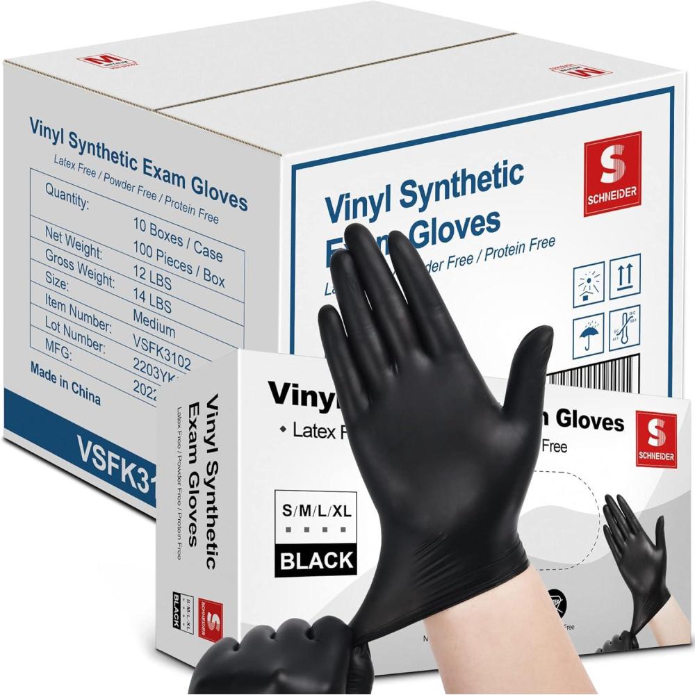 image:imageSchneider Vinyl Synthetic Exam Gloves 4 Mil Latex Free Disposable Gloves for Medical Cooking Cleaning and Food Prep07 Blacklarge 1000