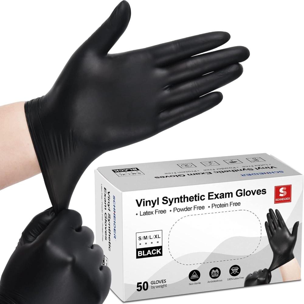 image:imageSchneider Vinyl Synthetic Exam Gloves 4 Mil Latex Free Disposable Gloves for Medical Cooking Cleaning and Food Prep09 Blacksmall 50