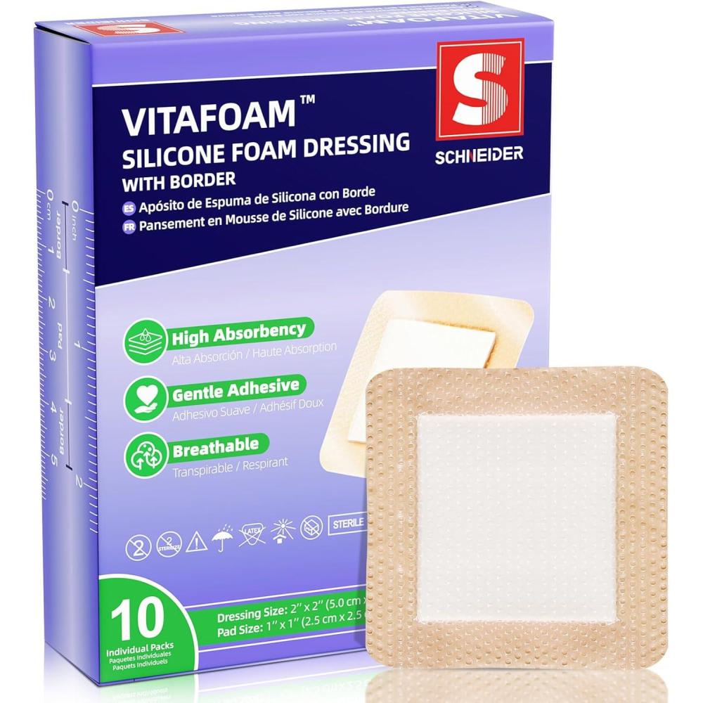 image:imageVitaFoam Silicone Foam Dressing 3 x 3 with Border High Absorbency Wound Bandage Gentle Adhesion Soft Breathable Silicone Bandages for Wound Care Pack of 103 x 3