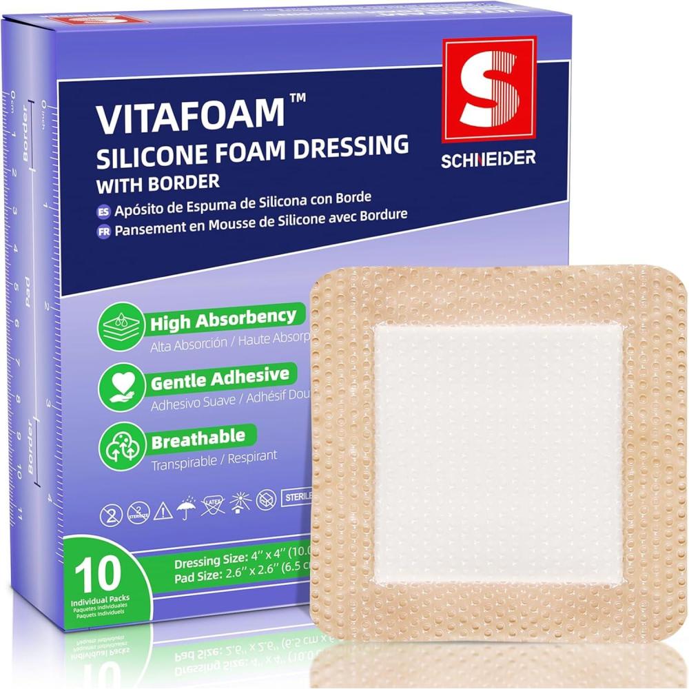 image:imageVitaFoam Silicone Foam Dressing 3 x 3 with Border High Absorbency Wound Bandage Gentle Adhesion Soft Breathable Silicone Bandages for Wound Care Pack of 104 x 4