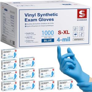 Schneider Blue Vinyl Synthetic Exam Gloves, Case of 1000, 4-mil, Powder-Free, Latex-Free, Non-Sterile, Disposable Gloves(03 Blue(large 1000))