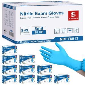 Schneider Nitrile Exam Gloves, 5 Mil, Blue, Latex-Free & Powder-Free Disposable Gloves, Textured Grip, for Medical Exam, Food Handling, Cleaning & Industrial Use(Blue (1000))