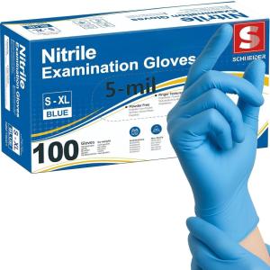 Schneider Nitrile Exam Gloves, 5 Mil, Blue, Latex-Free & Powder-Free Disposable Gloves, Textured Grip, for Medical Exam, Food Handling, Cleaning & Industrial Use(Blue (100))