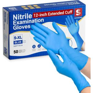 Schneider Nitrile Exam Gloves, Extended 12 Inches Cuff, Medium, 4 mil, 100-ct Box, Gloves Disposable Latex Free, Powder Free for Medical, Food Prep, Cleaning, Cooking, Blue(50)