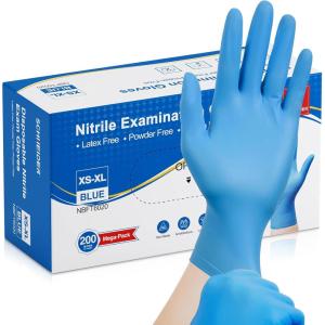 Schneider Nitrile Exam Gloves, Medical Grade Blue Disposable Gloves Latex Free, Rubber Glove for Cleaning, Cooking, Food Prep(200)
