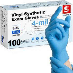 Schneider Vinyl Synthetic Exam Gloves, 4 Mil, Latex Free Disposable Gloves for Medical, Cooking, Cleaning, and Food Prep(04 Blue(xl 100))
