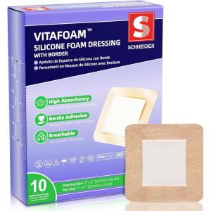 VitaFoam Silicone Foam Dressing 3″ x 3″ with Border, High Absorbency Wound Bandage, Gentle Adhesion, Soft Breathable Silicone Bandages for Wound Care, Pack of 10(2″ x 2″)