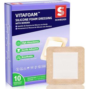 VitaFoam Silicone Foam Dressing 3″ x 3″ with Border, High Absorbency Wound Bandage, Gentle Adhesion, Soft Breathable Silicone Bandages for Wound Care, Pack of 10(3″ x 3″)