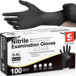 Schneider Black Nitrile Gloves, Powder Free, Disposable Gloves Latex Free for Medical Exam, Food Prep & Cleaning(04 Black(x-large 100))