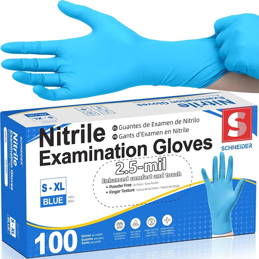 image:imageSchneider Nitrile Exam Gloves Blue Disposable Gloves Latex Free Powder Free for Medical Cooking Cleaning100